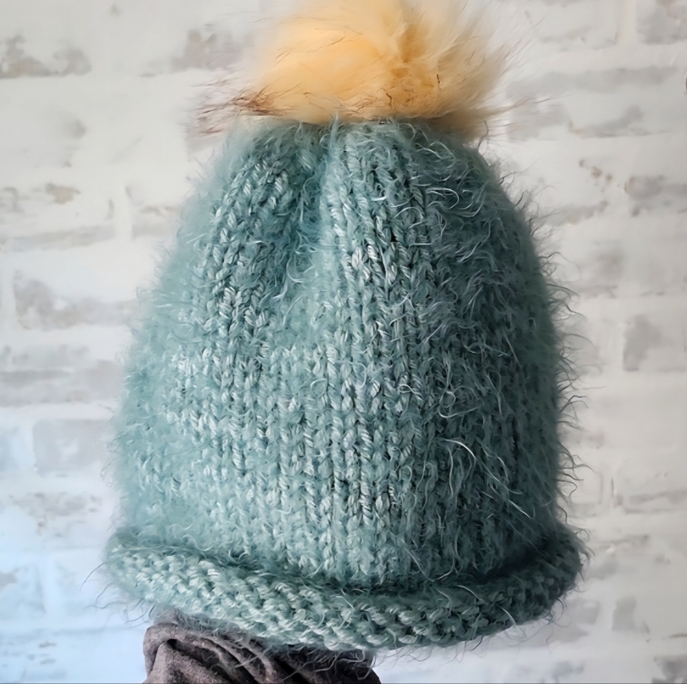 Cozy Adult Hand Knit Beanie with Pom Pom - Green/Blue